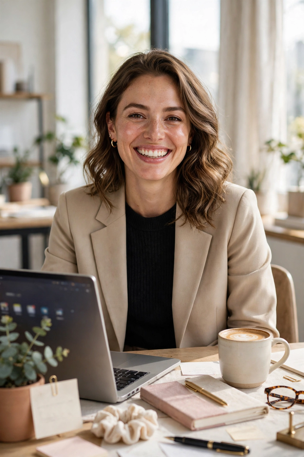 Happy woman in a business casual outfit at her desk - final outfit tips for women