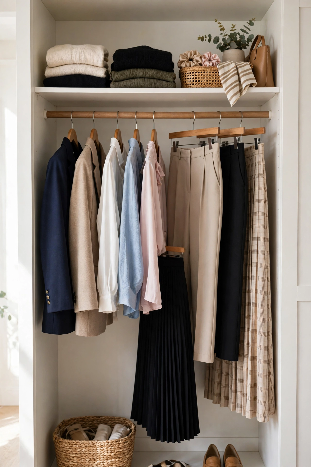 Business casual clothes for women hanging in a wardrobe - blazers, trousers and blouses