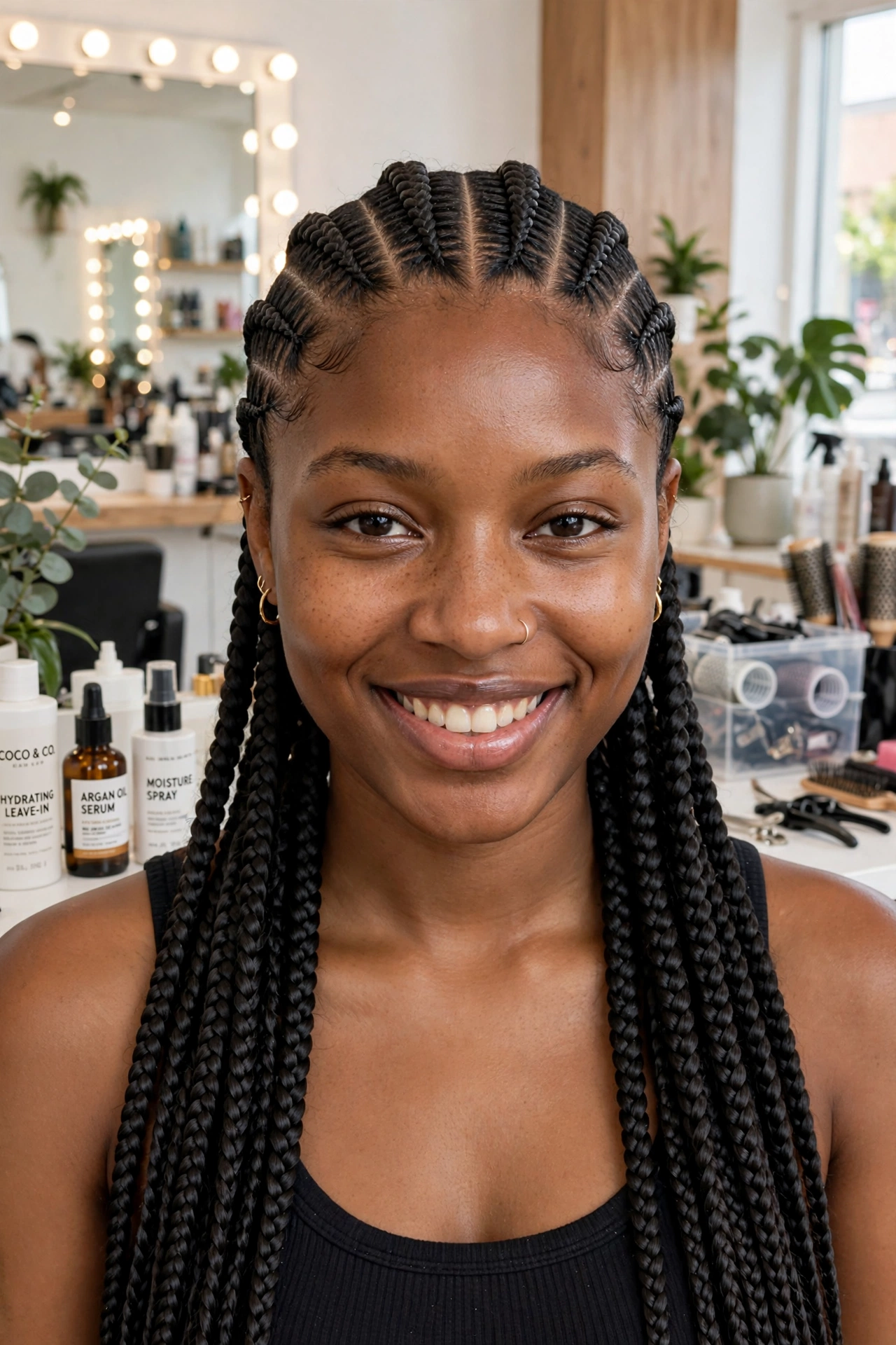 Woman with long knotless braids hairstyles, smiling portrait showing neat braids clearly