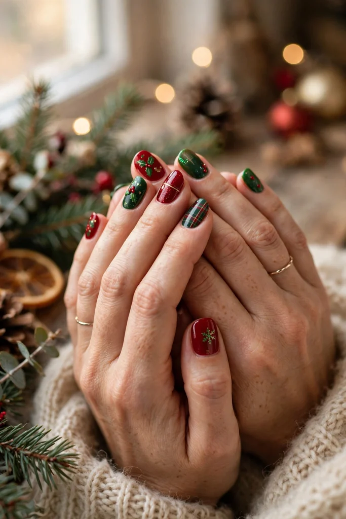 classic red and green christmas nail ideas on a festive manicure