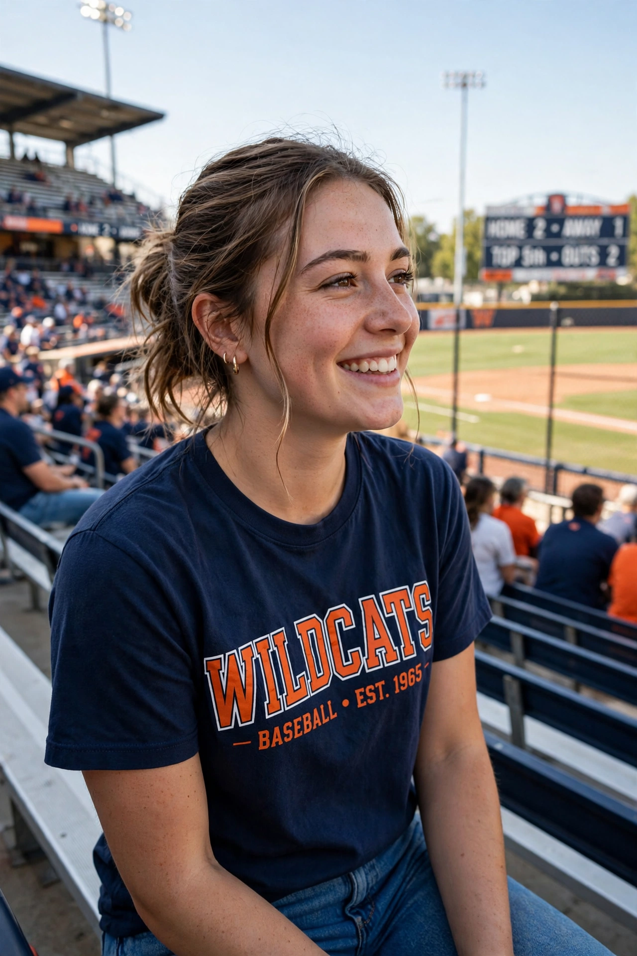 college baseball game outfits with a smiling student in school colors at a sunny stadium