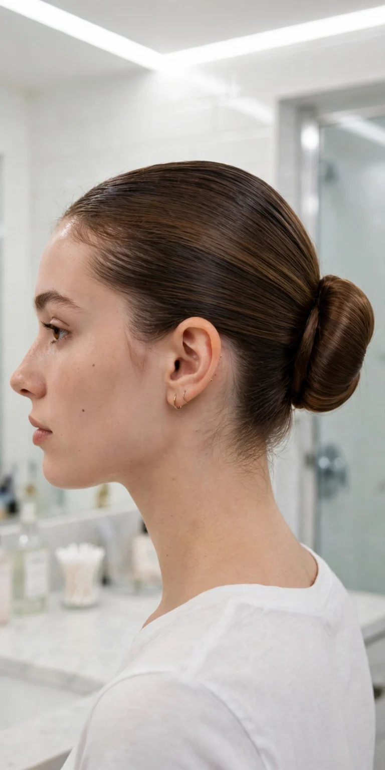 hairstyles for greasy hair with a sleek bun that hides oily roots