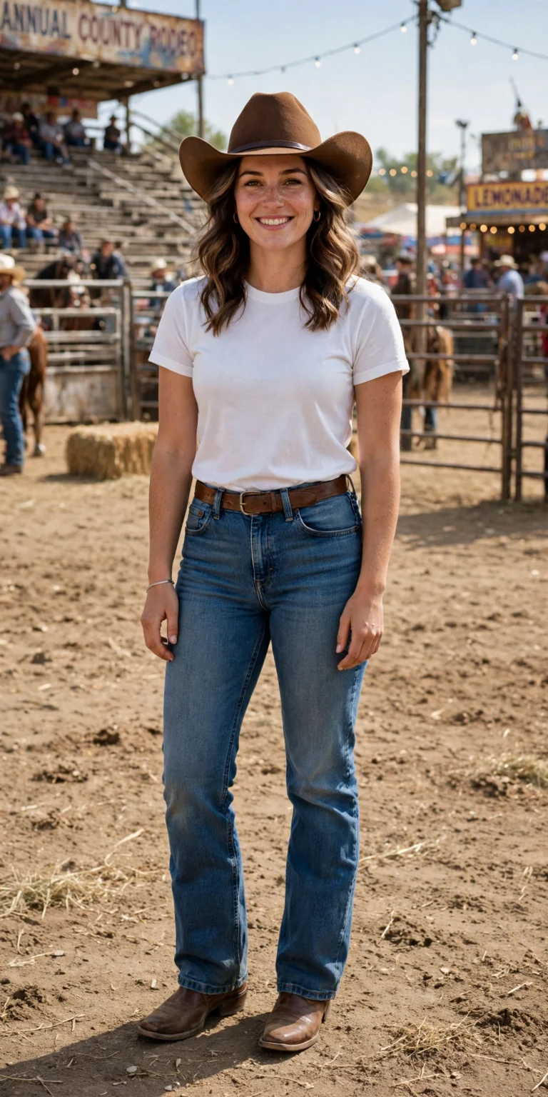 Woman in a classic rodeo outfit for women with denim jeans, cowboy boots and a hat