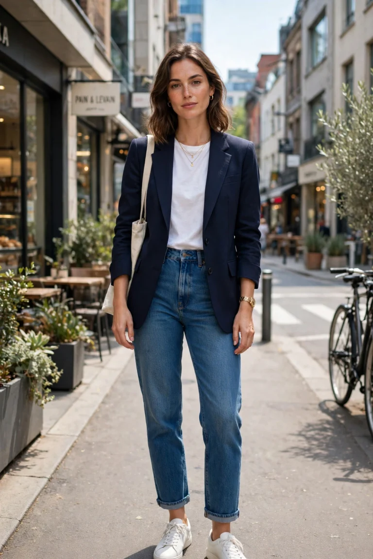Woman wearing classic denim outfits for women with straight-leg jeans and a blazer