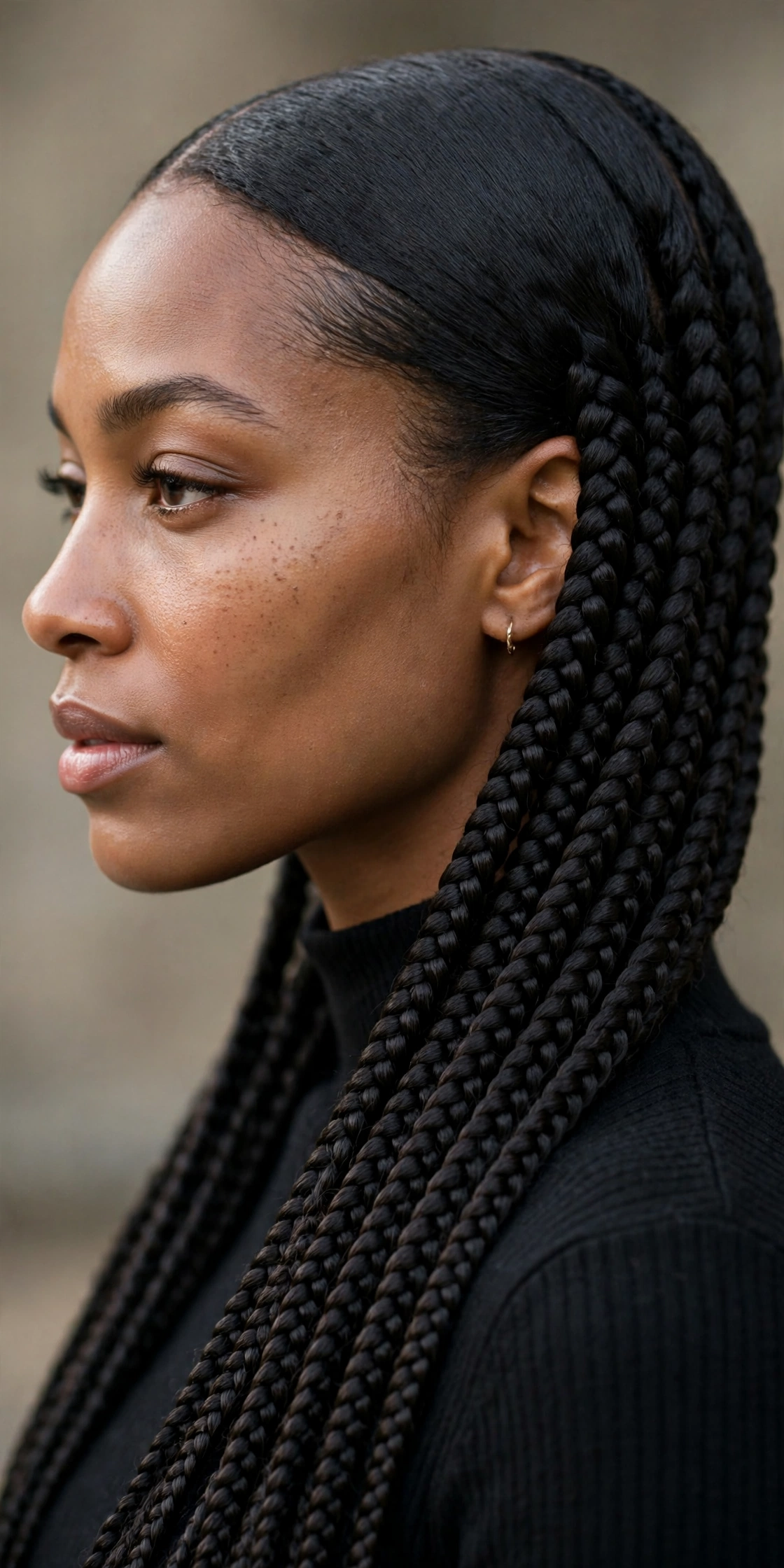 Close portrait of knotless braids showing smooth flat roots and no knot