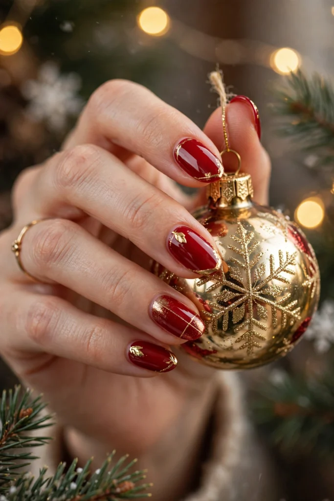 glossy cherry red christmas nails with gold accent details