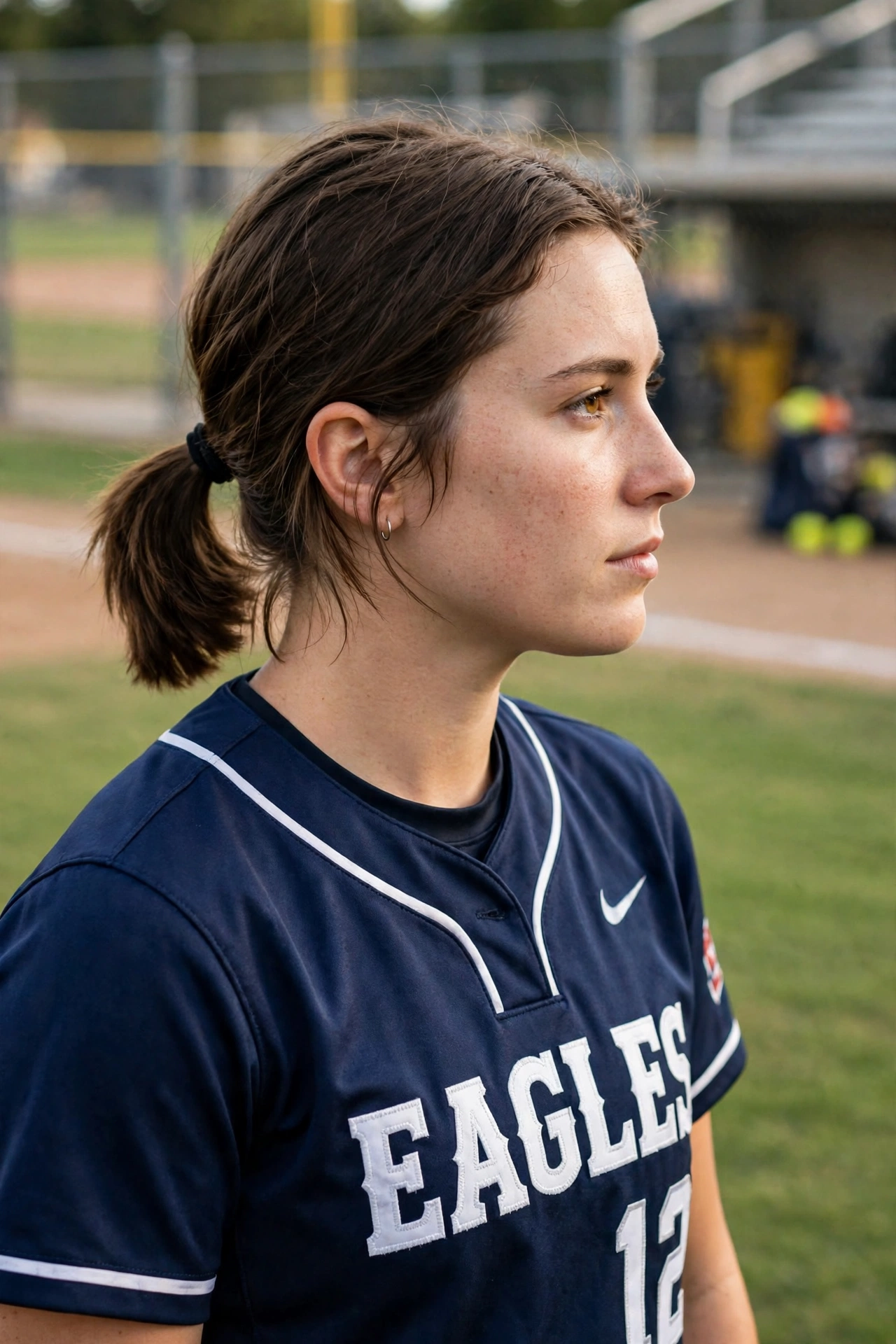 low ponytail softball hairstyle for short hair player portrait
