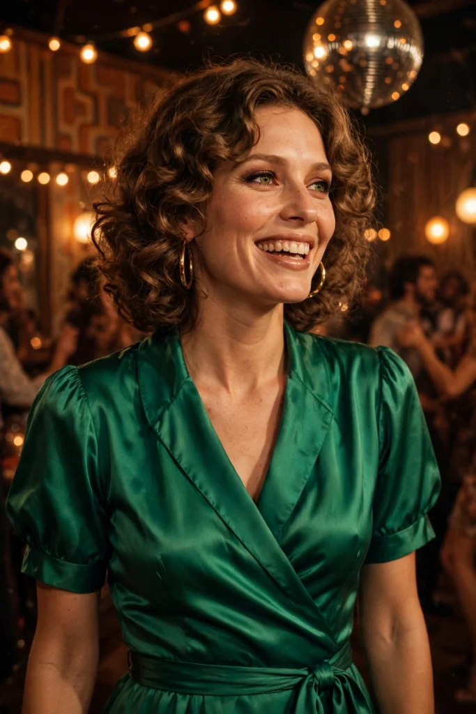Classic 70s disco outfit ideas for women with a satin wrap dress and gold jewelry