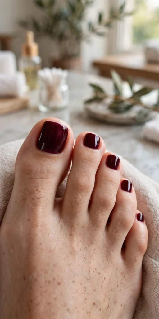 classic burgundy thanksgiving toe nails close-up pedicure with wine polish