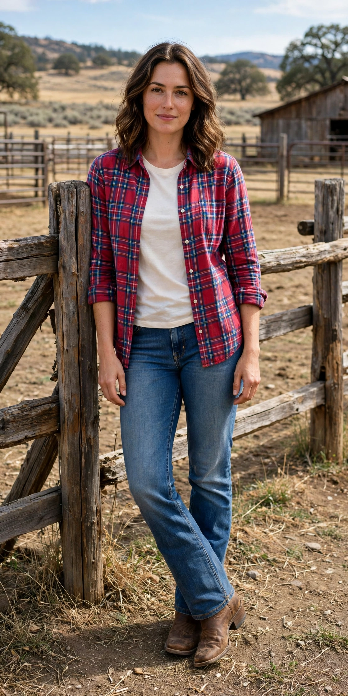 Classic western rodeo outfit with blue jeans, plaid shirt and cowboy boots for women