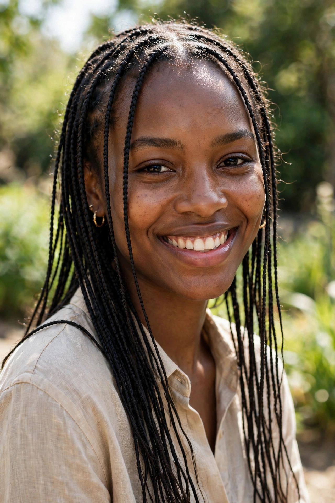 Woman with small knotless braids, detailed neat portrait of the hairstyle