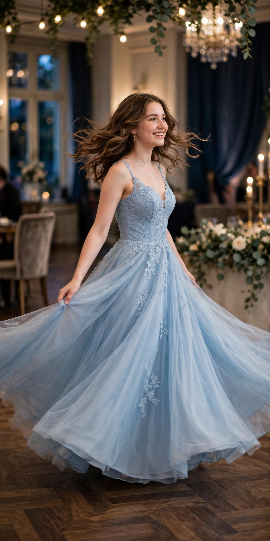 Girl in a flowing A-line prom dress in soft blue, twirling on the dance floor