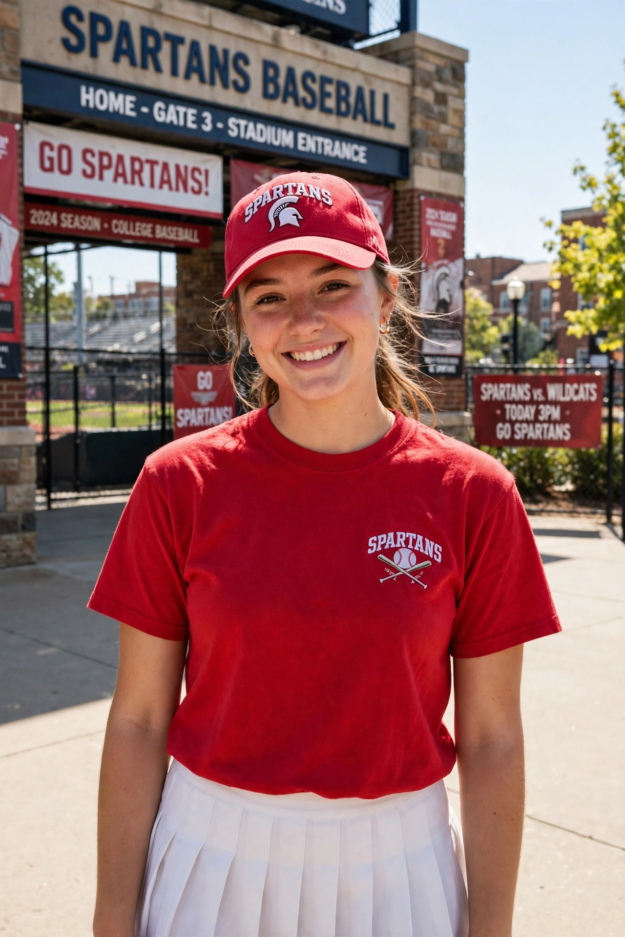 student wearing school colors for a college baseball game outfit with cap and tee