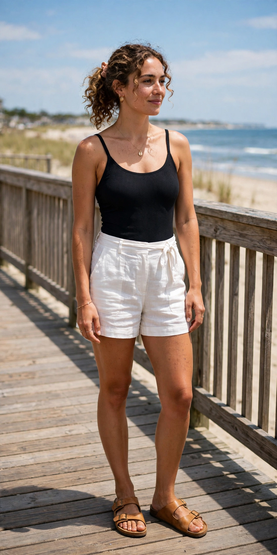 Spring break outfit with a swimsuit worn as a top with linen shorts at the beach