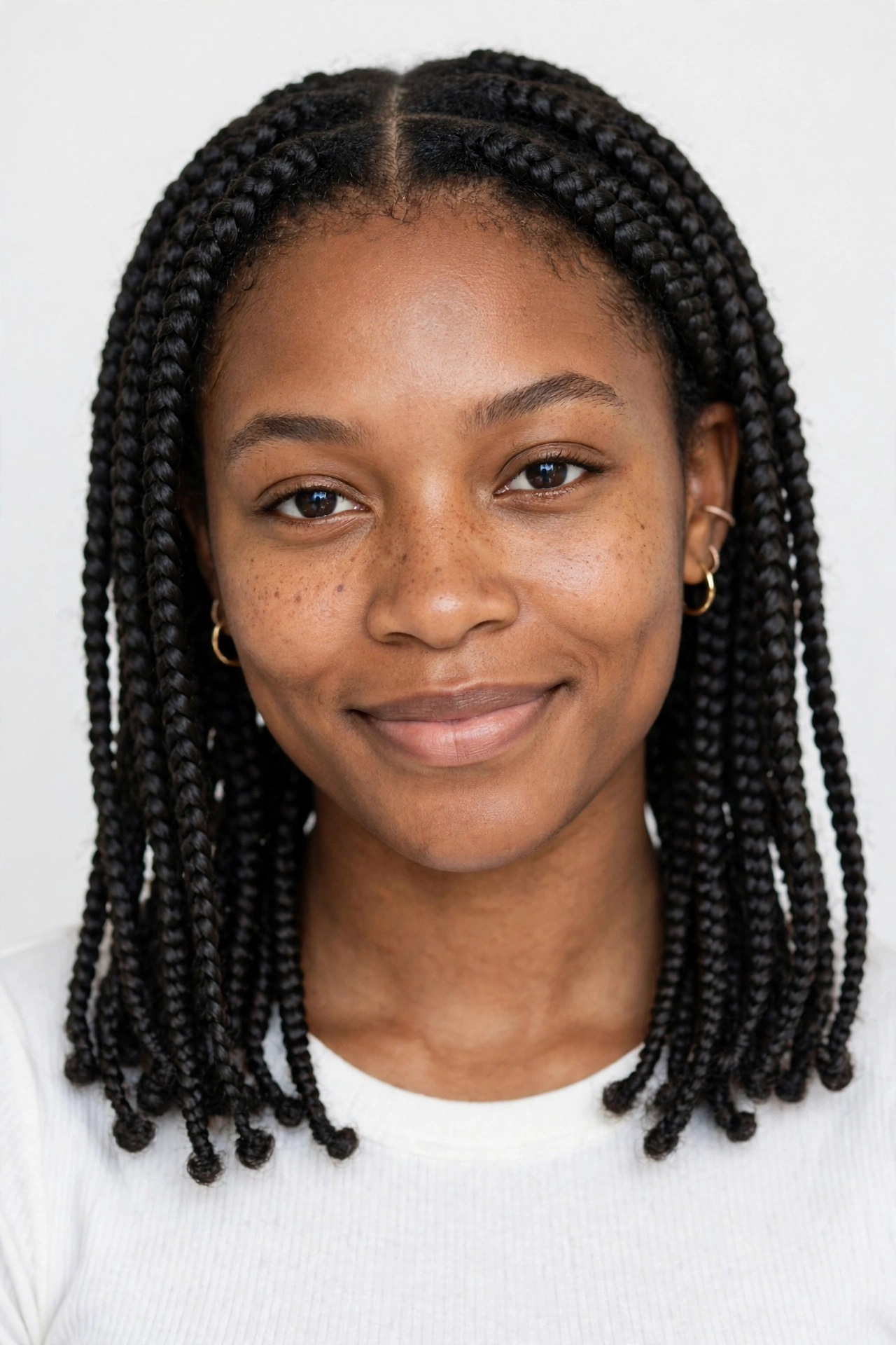 Woman with medium knotless braids at shoulder length, clear hairstyle portrait