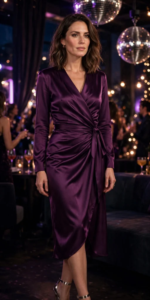 Woman in a satin wrap dress in emerald green, a soft disco dress idea for women