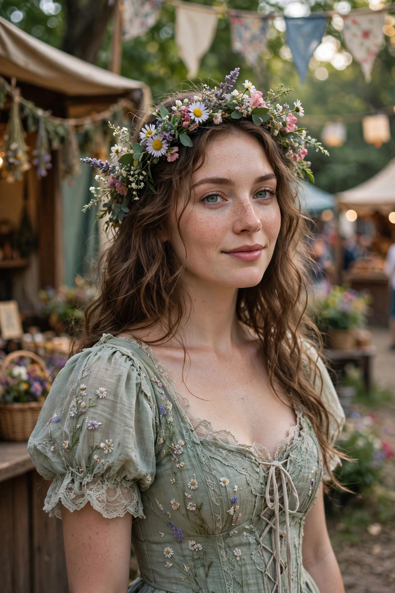 cottagecore fairy ren faire outfits soft dress flower crown outdoors