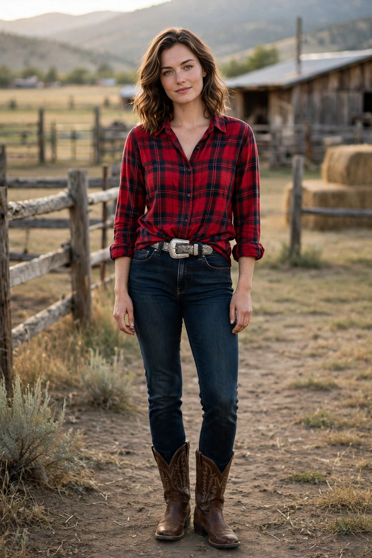 Rodeo outfit for women with a plaid shirt tucked into dark denim jeans