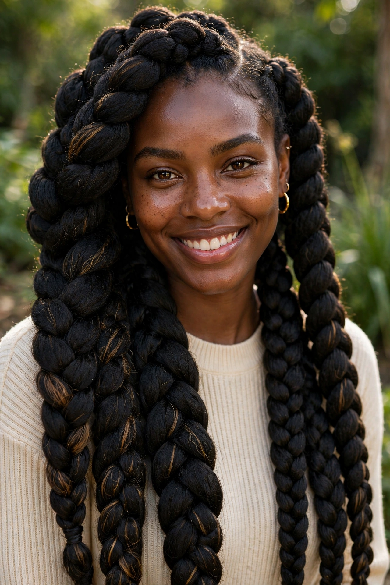 Woman with large jumbo knotless braids, bold portrait showing thick braids