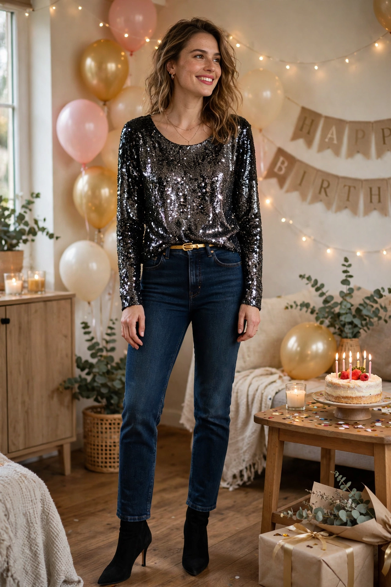 Jeans and a statement top, an easy cute birthday outfit for women