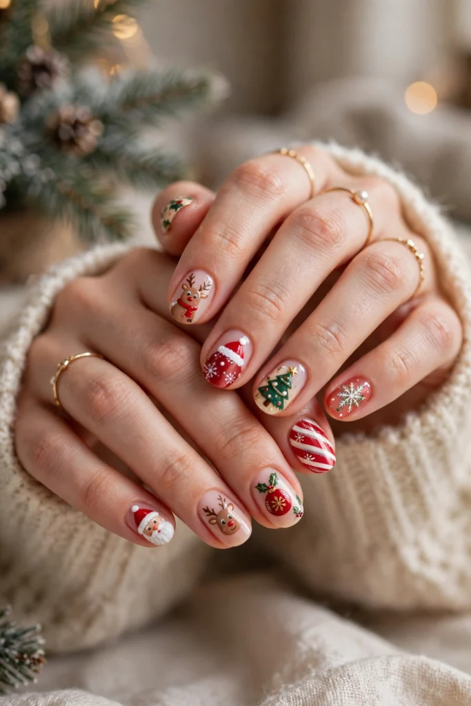 cute Santa and reindeer christmas nail art ideas