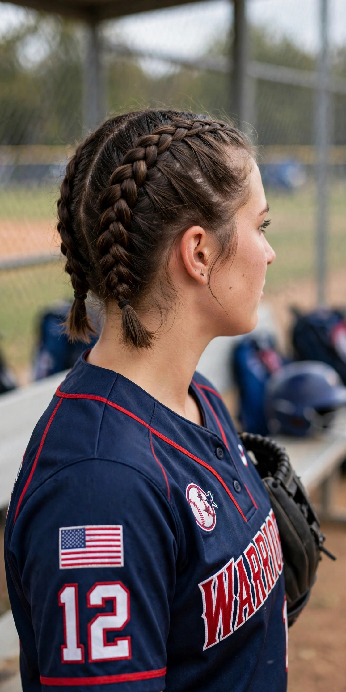 center faux hawk braid softball hairstyle on short hair player