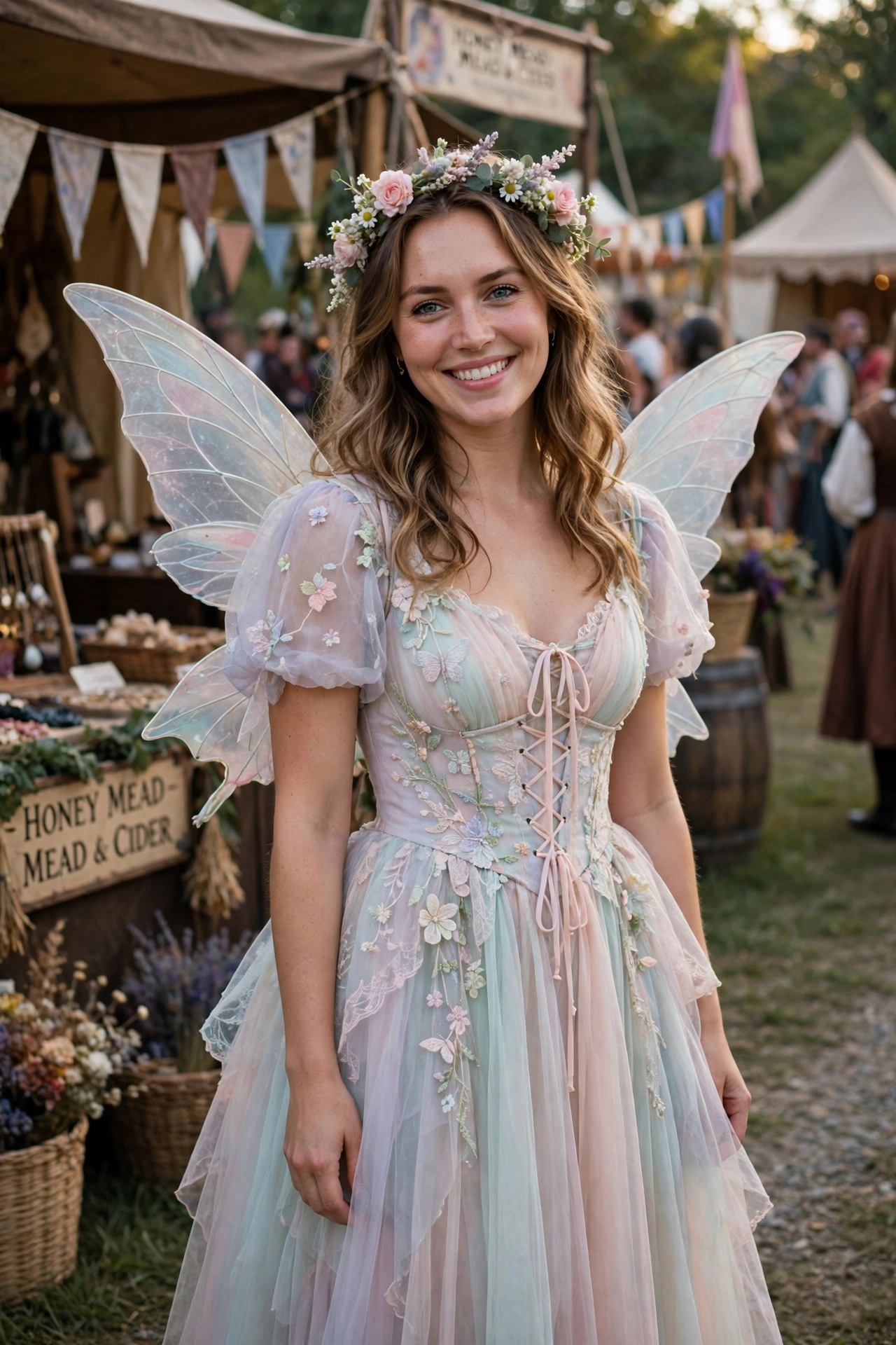 soft fairy dress with wings and flower crown ren faire outfit