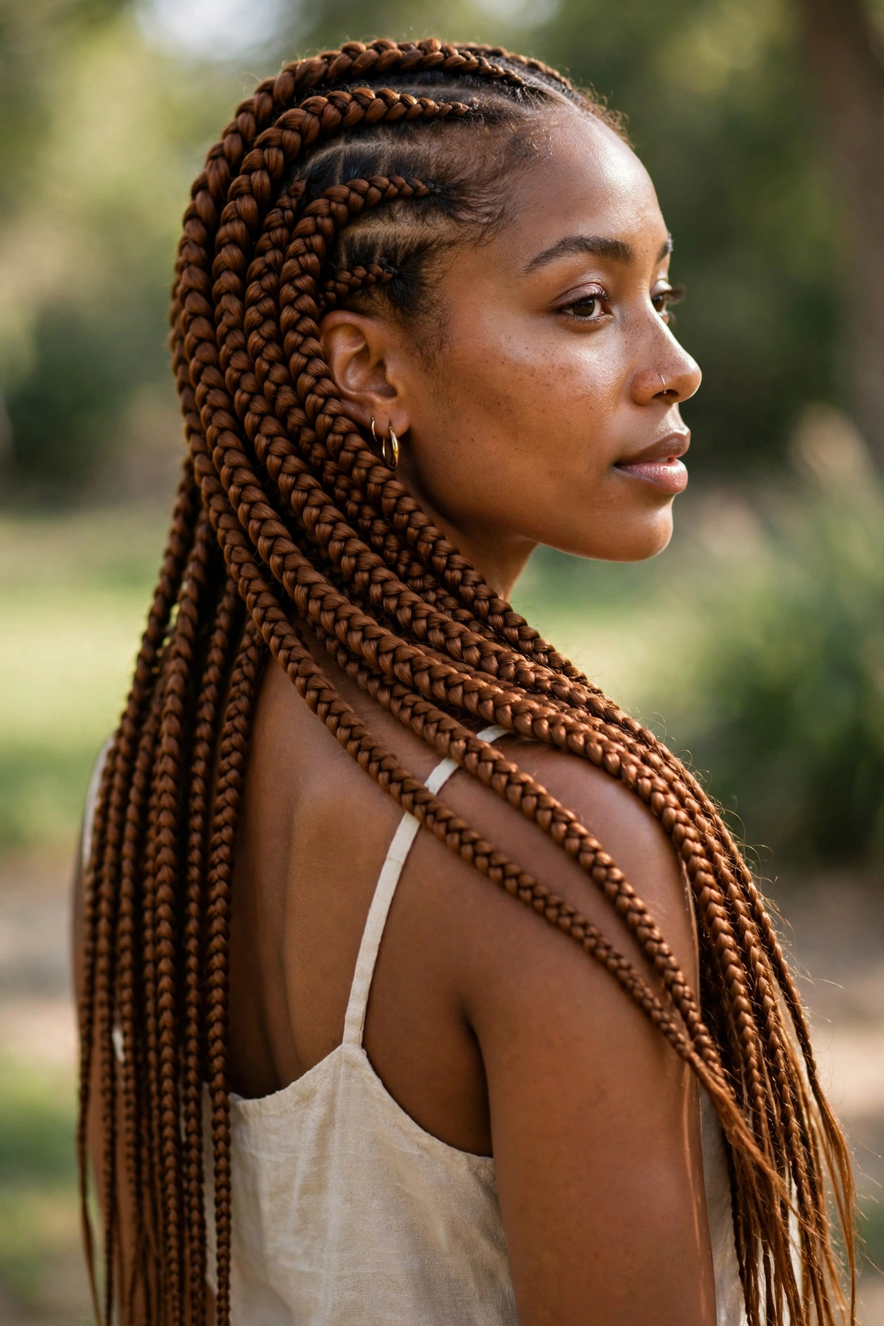 Long knotless braids hairstyles with rich color, portrait of a woman