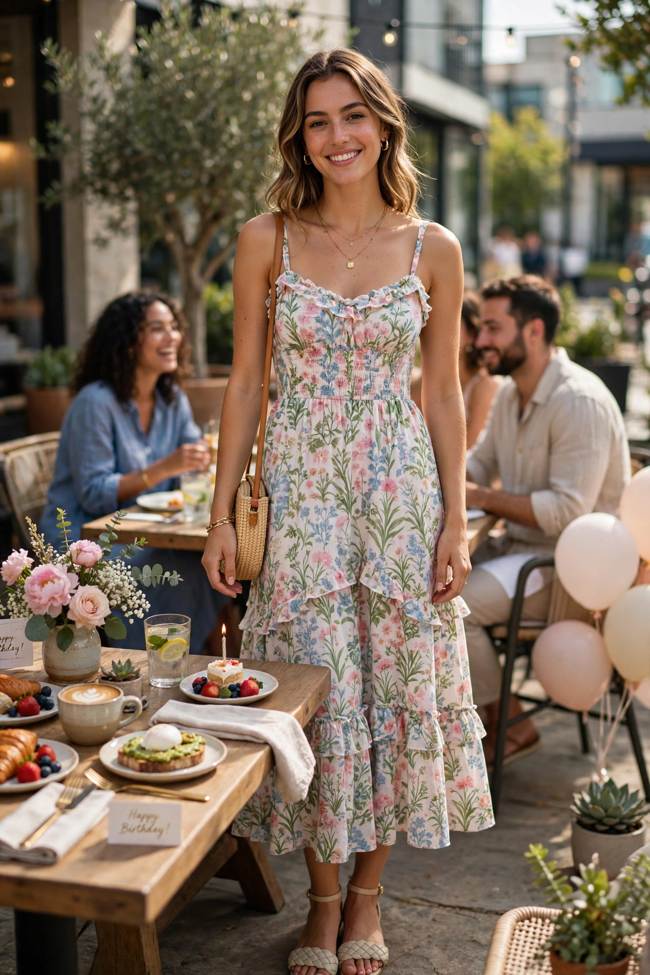 Cute birthday outfits for daytime, woman in a sundress at a brunch