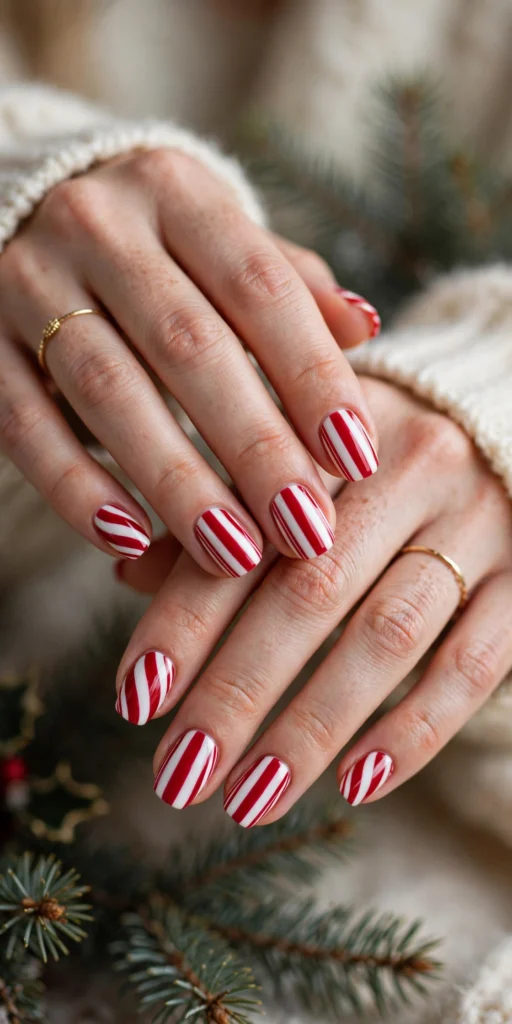 candy cane striped christmas nails in red and white