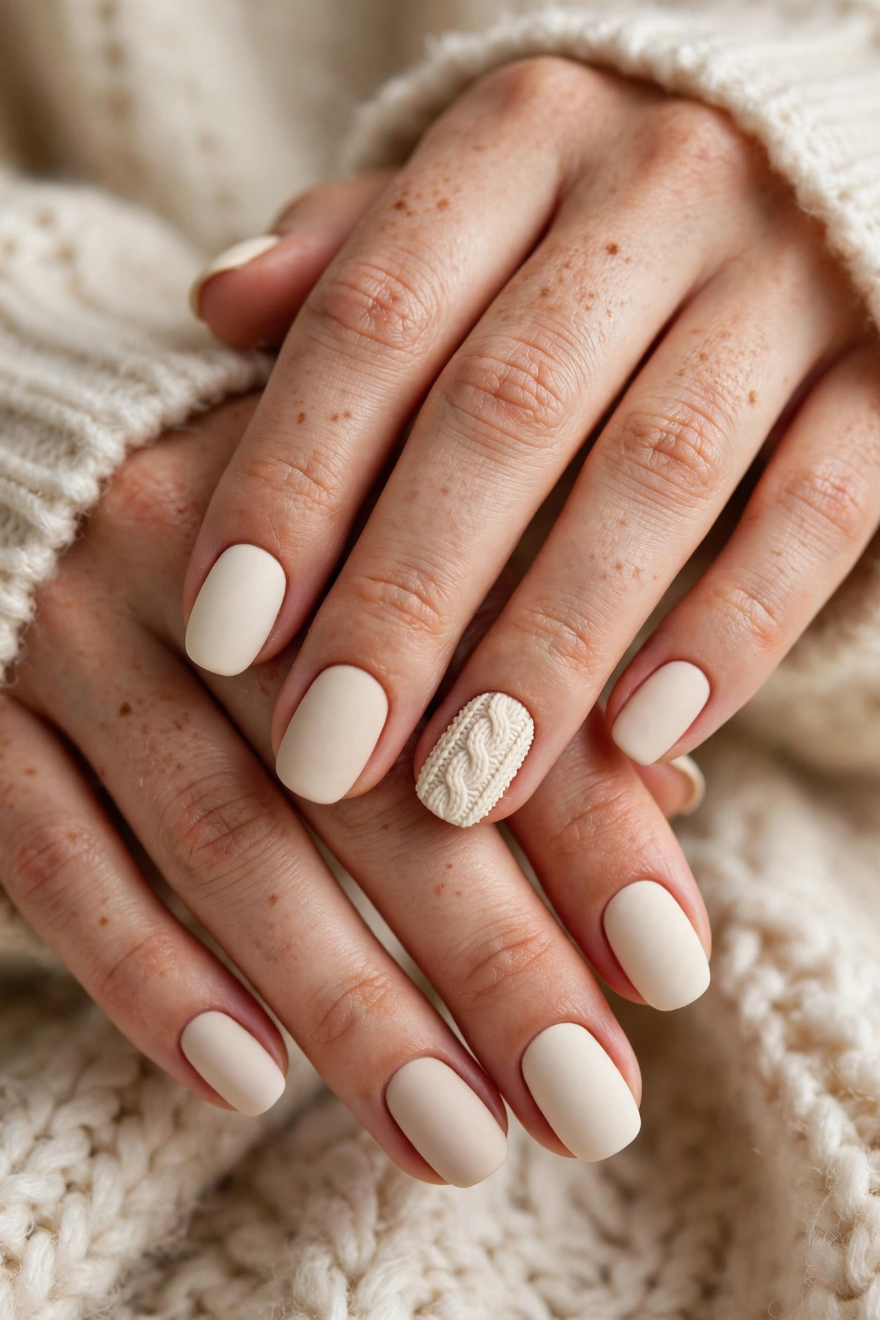 matte cozy winter nails with sweater texture detail