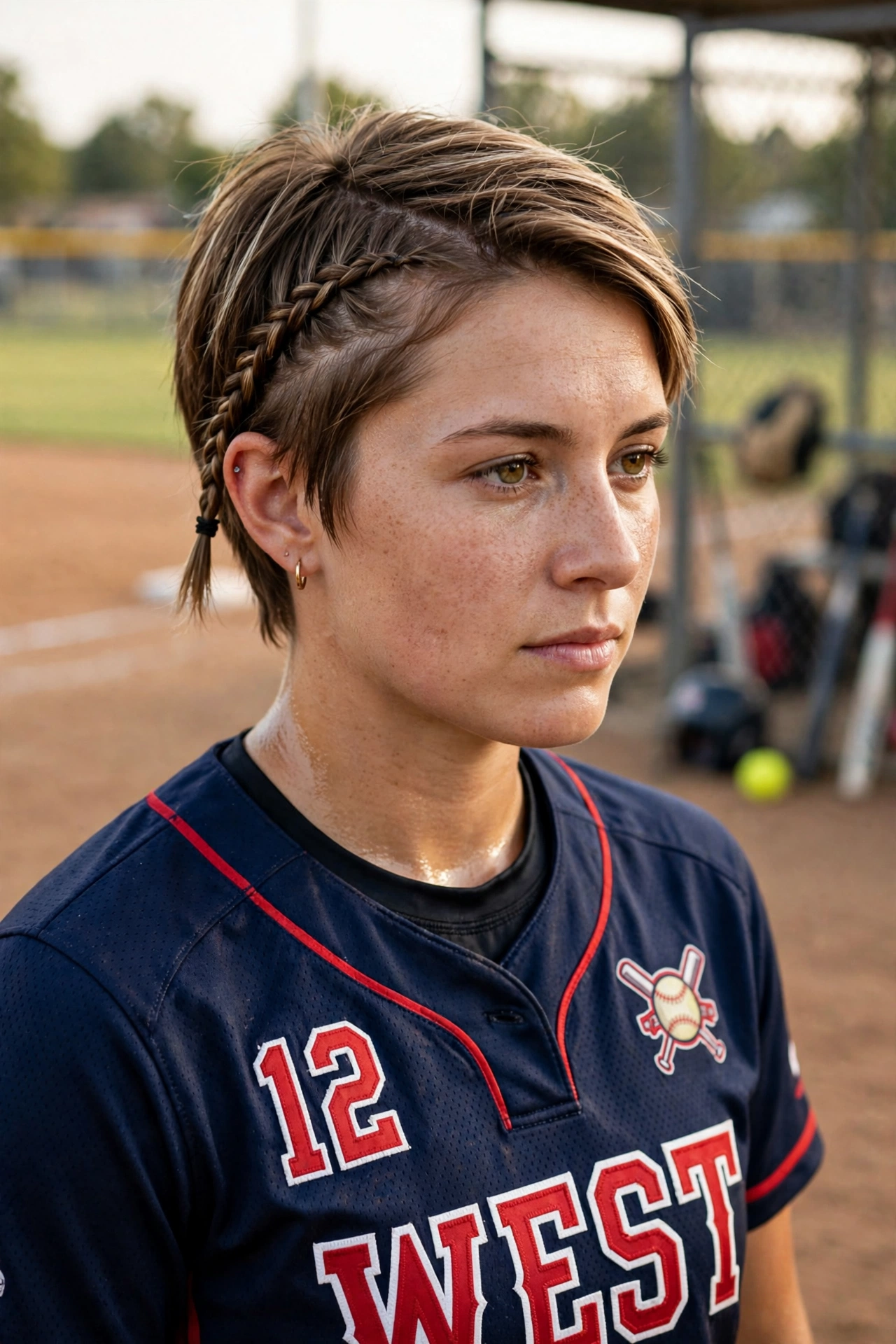 side braid softball hairstyle for short hair player