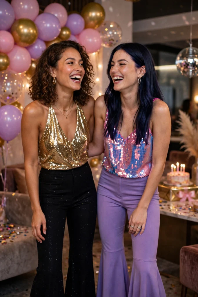Sparkly disco party outfits for women with sequin tops and flared pants at a birthday party
