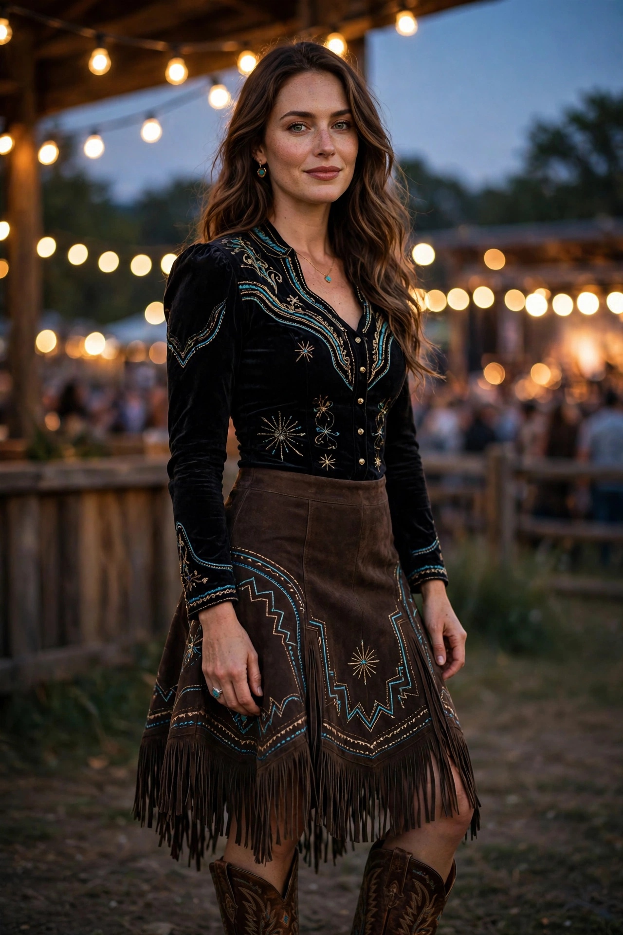 Dressy rodeo outfit for women for a night concert with a skirt and boots