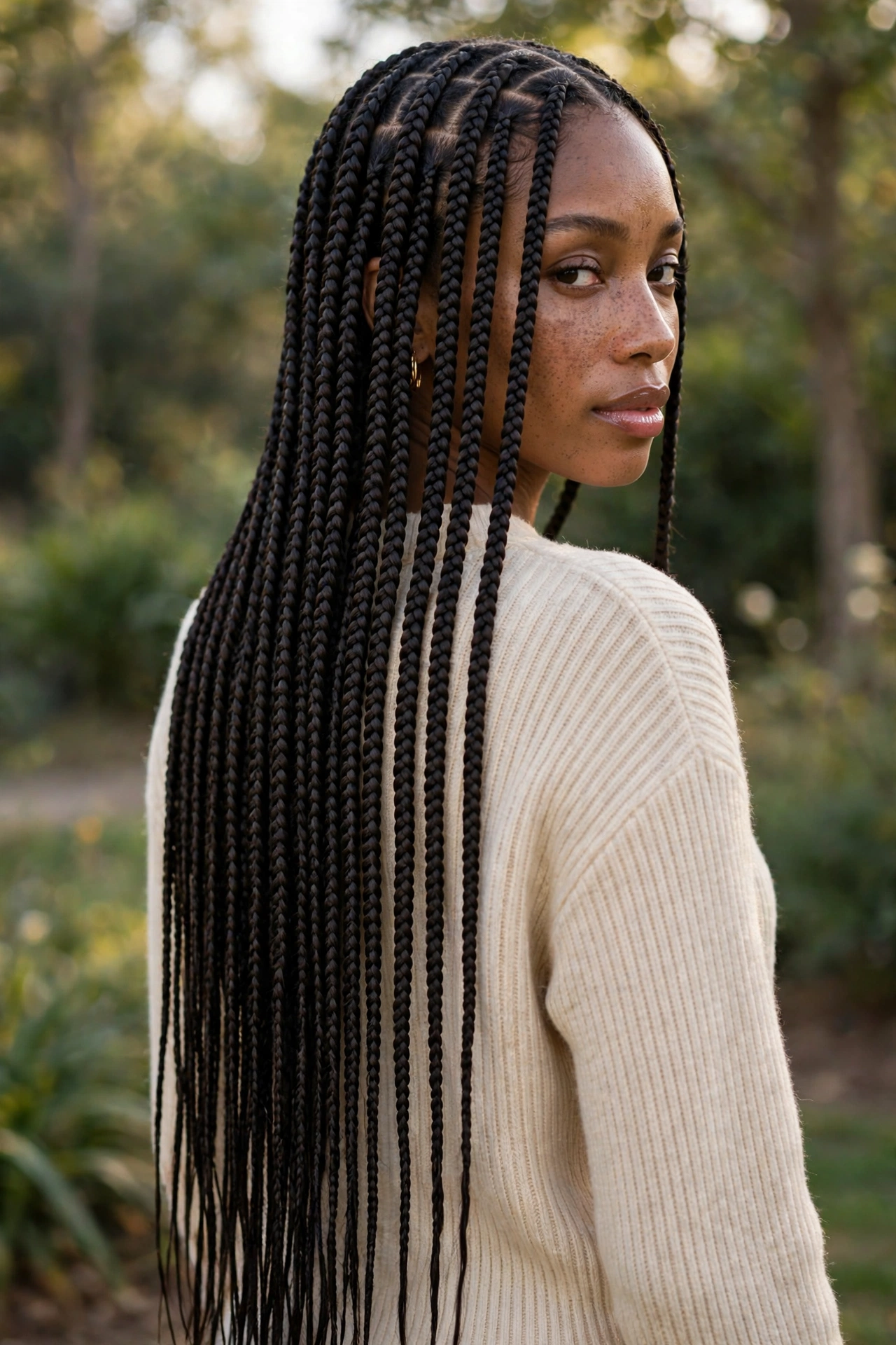 Woman with very long knotless braids down her back, full hairstyle portrait