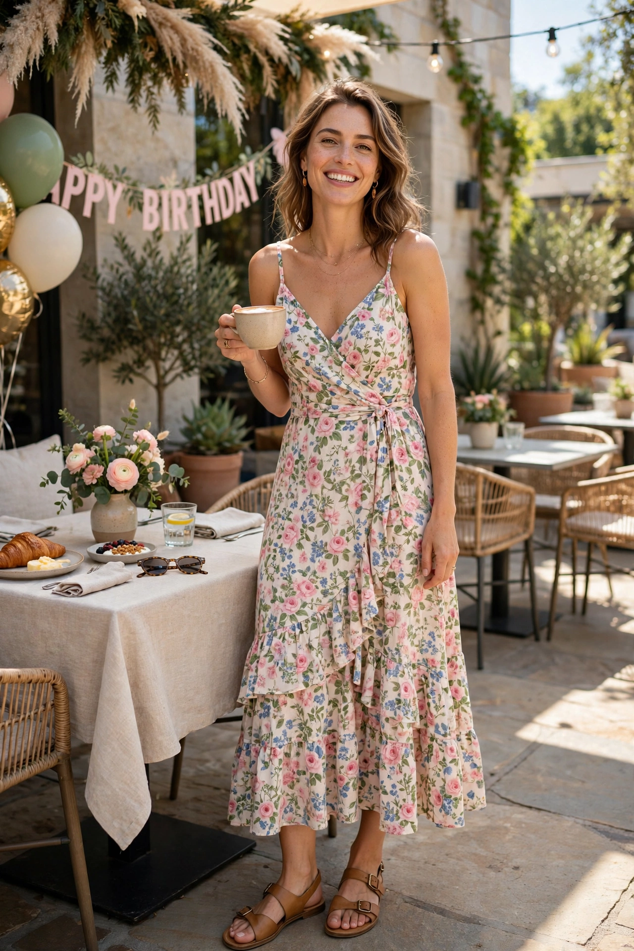 Woman in a floral sundress, a sweet birthday brunch outfit