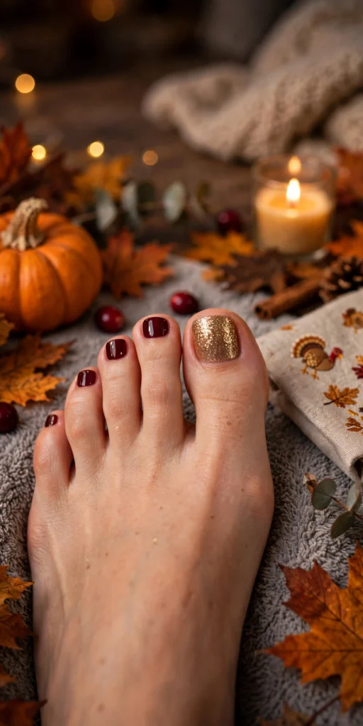 gold glitter accent thanksgiving toe nails festive holiday pedicure