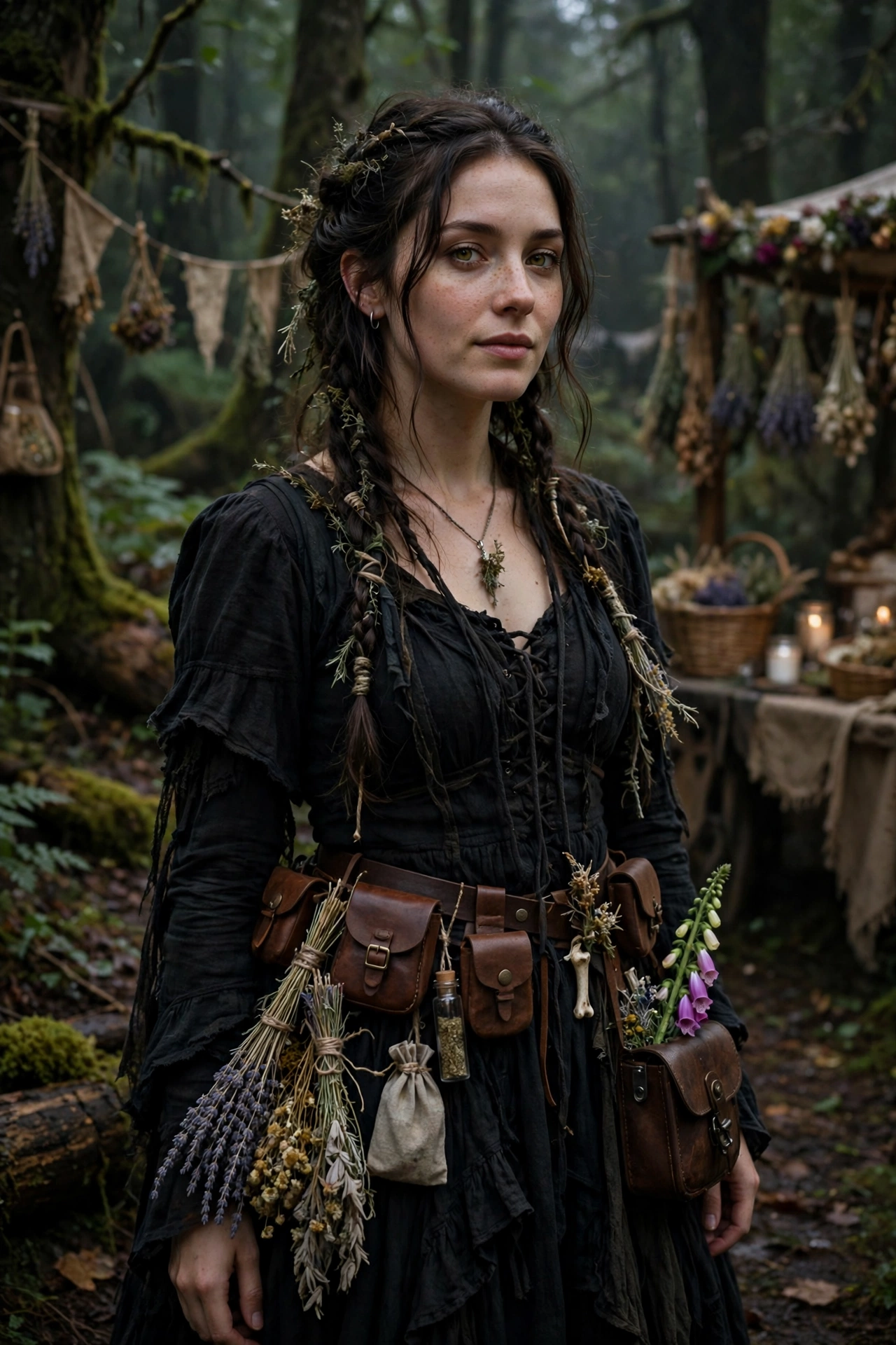 dark forest witch herbalist ren faire outfits black layered dress