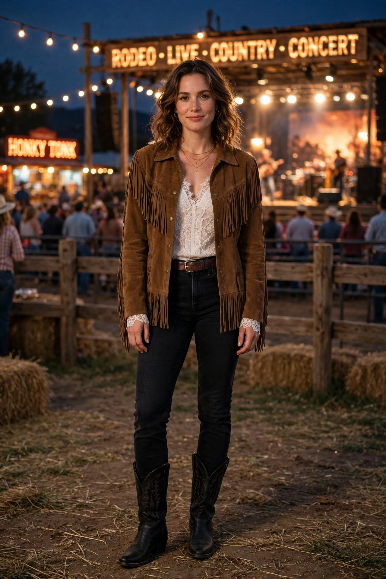 Woman in black jeans, a lace top and a fringe jacket as an evening rodeo outfit