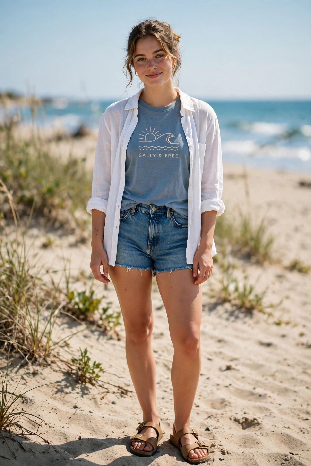 Spring break outfit with denim shorts, a graphic tee and an open button-down shirt