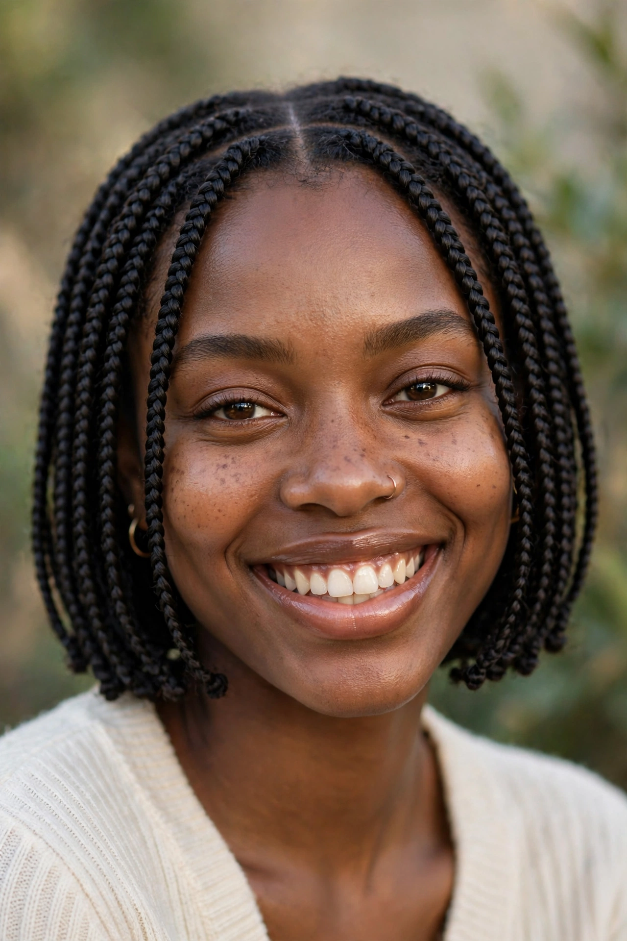 Woman with a chic bob knotless braids hairstyle, chin-length braids portrait