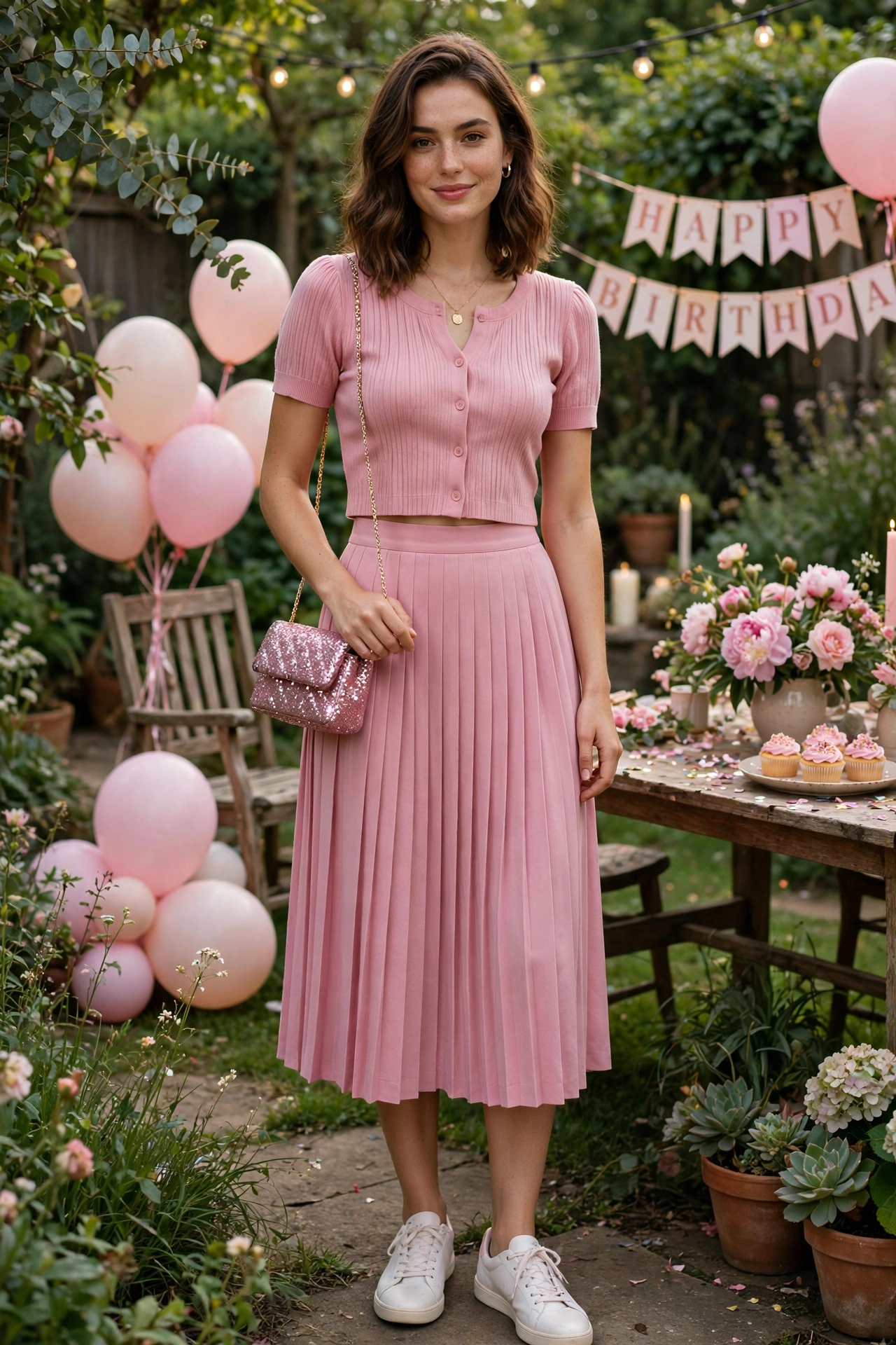 Woman in a skirt and matching sweet top set, cute birthday outfit idea