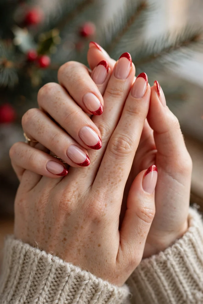 French tip christmas nails with red and gold holiday twist