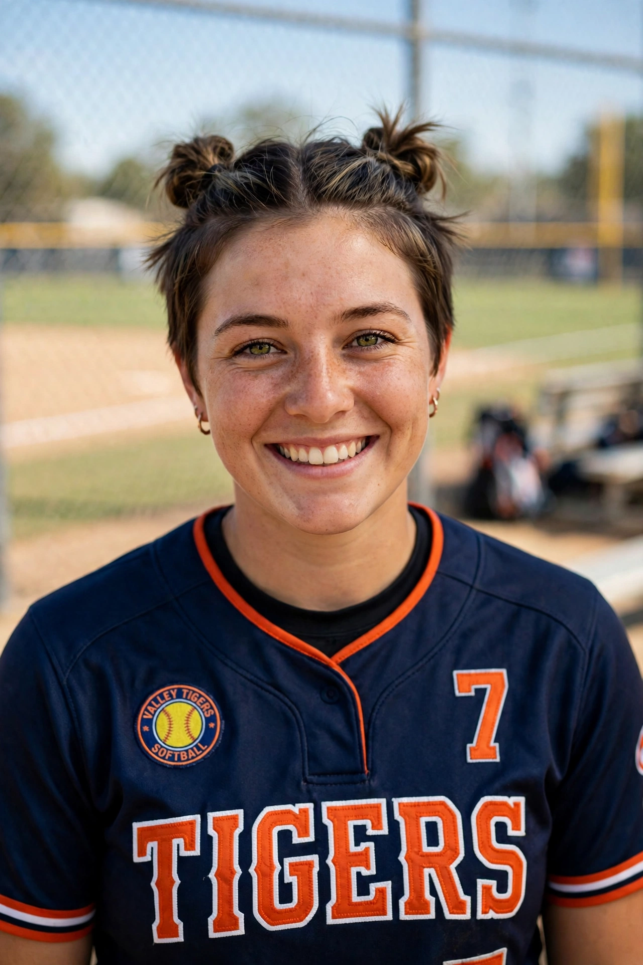 double space buns softball hairstyle short hair player smiling