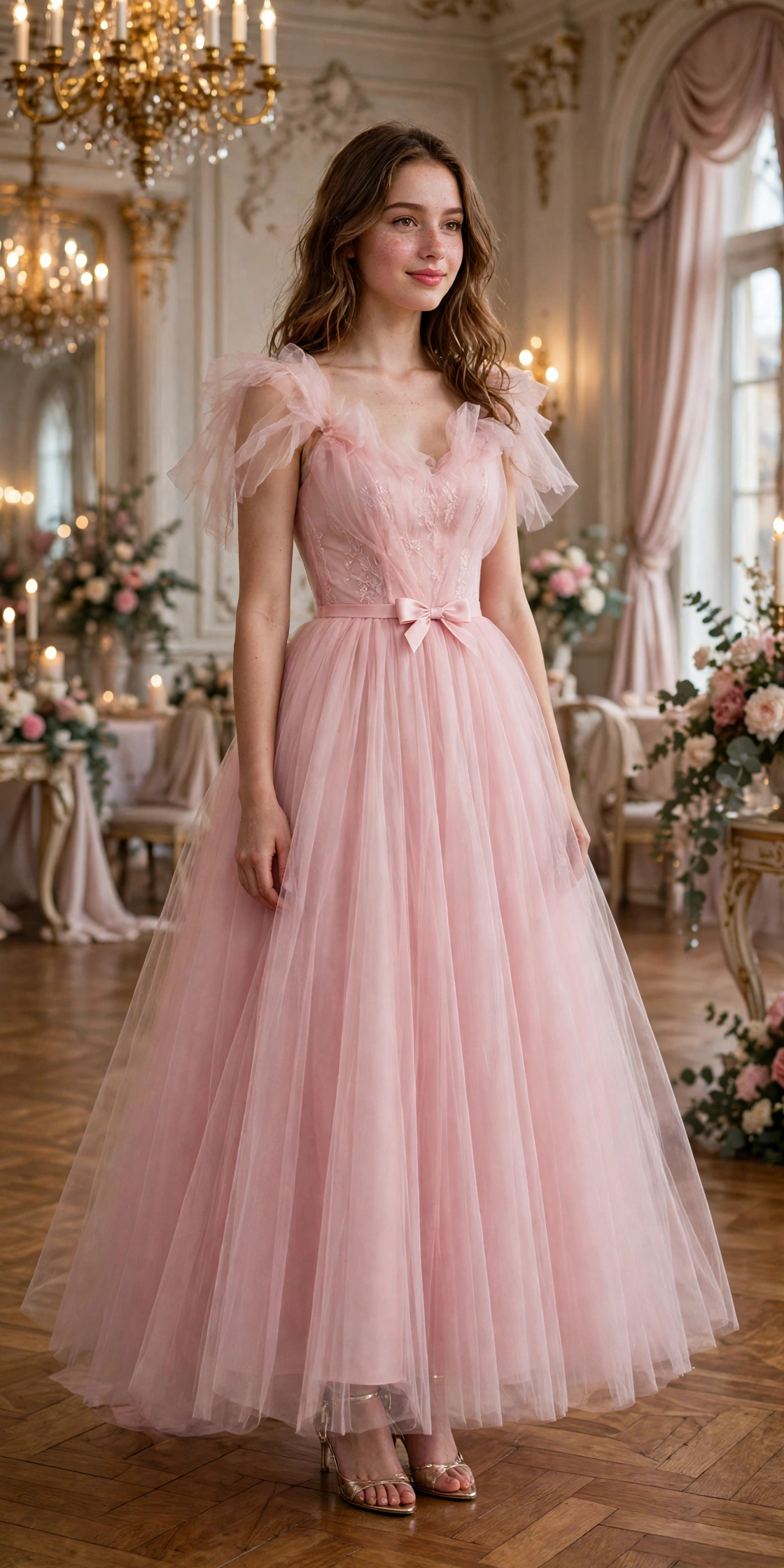Soft pink prom dress with bows and tulle, a sweet coquette prom dress idea