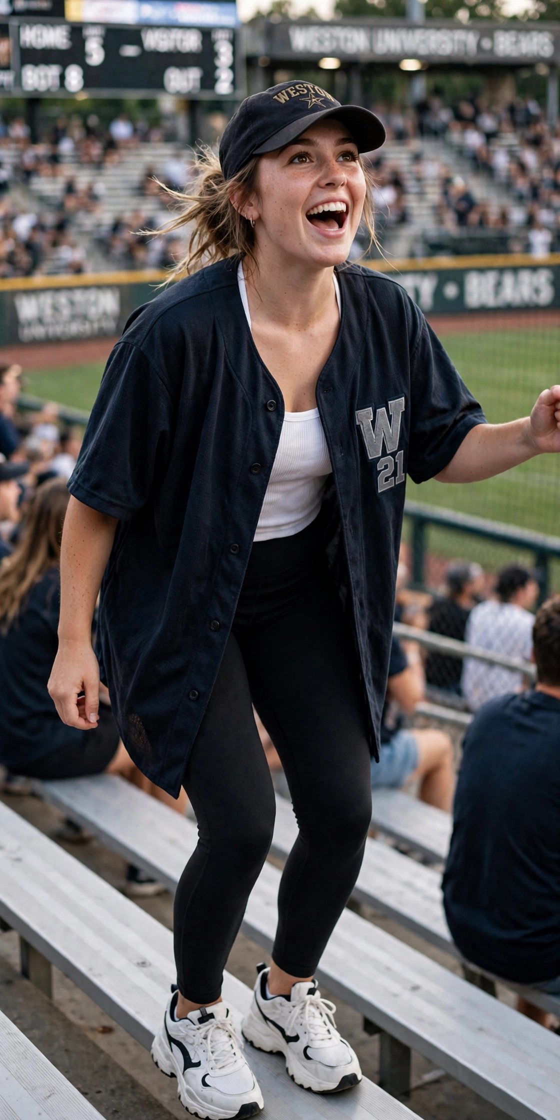 leggings and oversized jersey college baseball game outfit with cap