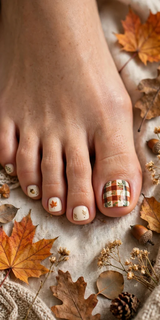 cute fall thanksgiving toe nail designs with leaf and plaid art