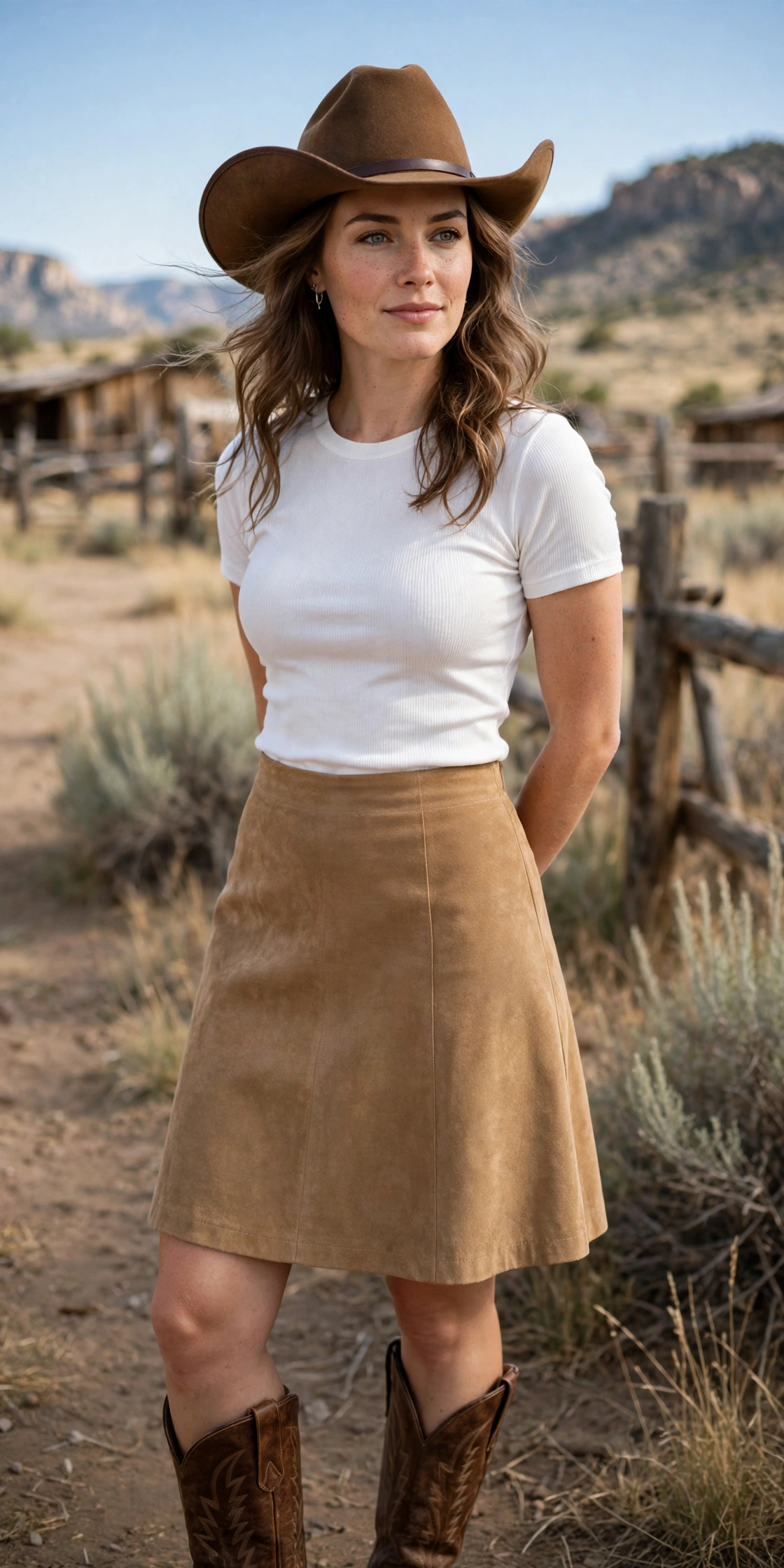 Rodeo outfit with a suede skirt, fitted top and cowboy boots for women