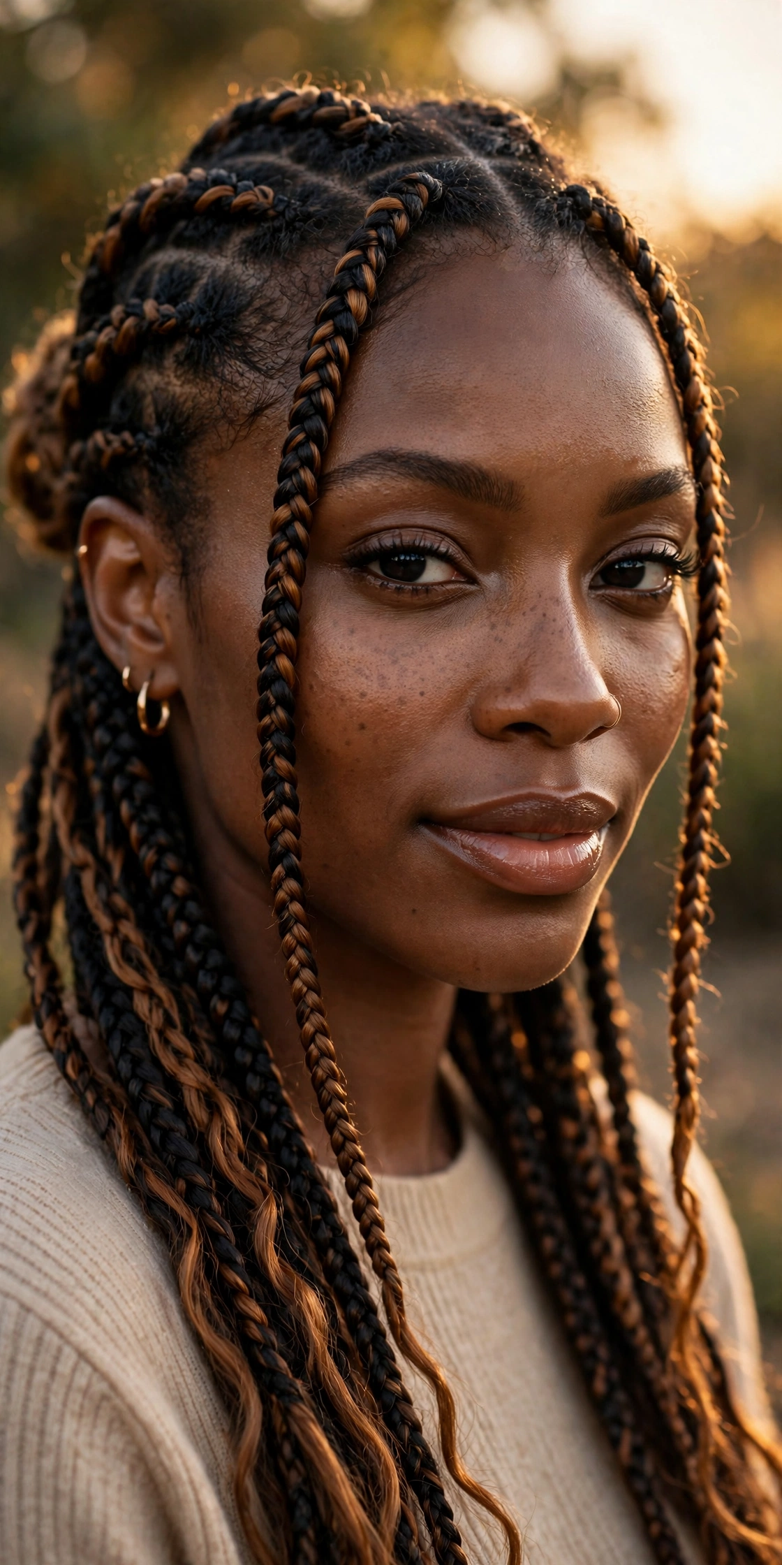 Woman with knotless braids with honey brown color highlights, portrait