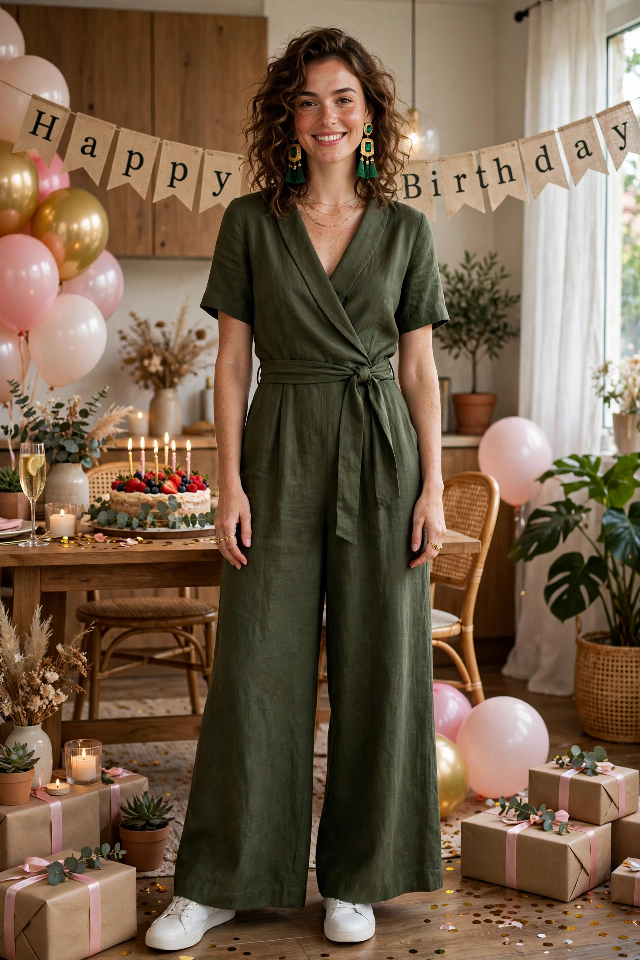 Woman in a chic jumpsuit, an easy one-piece birthday outfit
